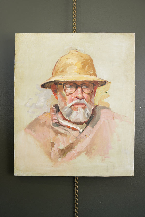 Contemporary Oil Portrait Painting, Man in Safari Hat, Unsigned secondary view