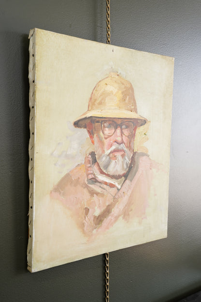 Contemporary Oil Portrait Painting, Man in Safari Hat, Unsigned