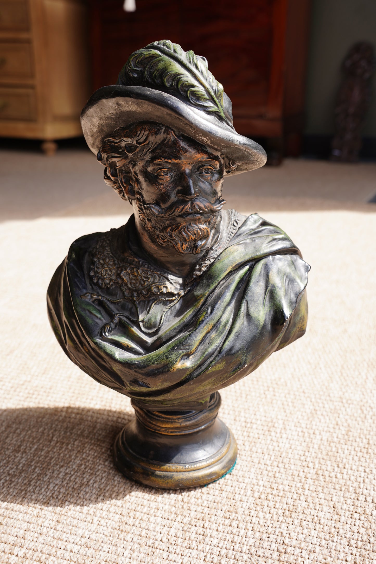 Vintage French Cavalier Bust, Bronze-Effect Plaster Sculpture