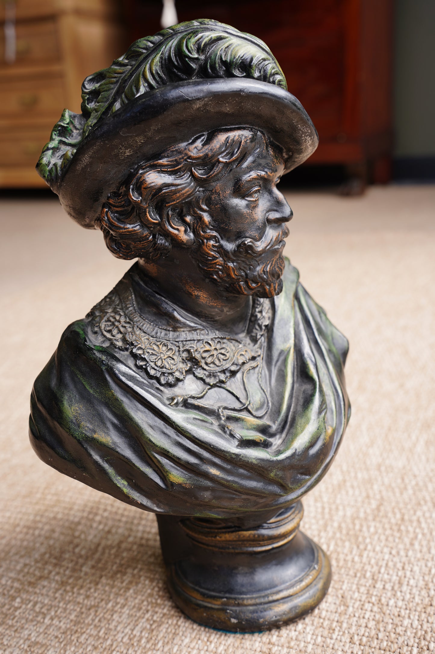 Vintage French Cavalier Bust, Bronze-Effect Plaster Sculpture