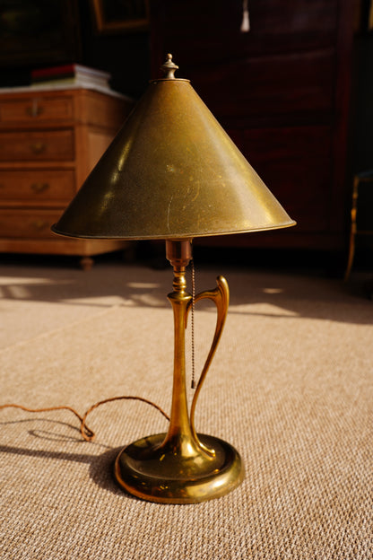 Art Nouveau Brass Table Lamp with Whiplash Handle and Brass Shade