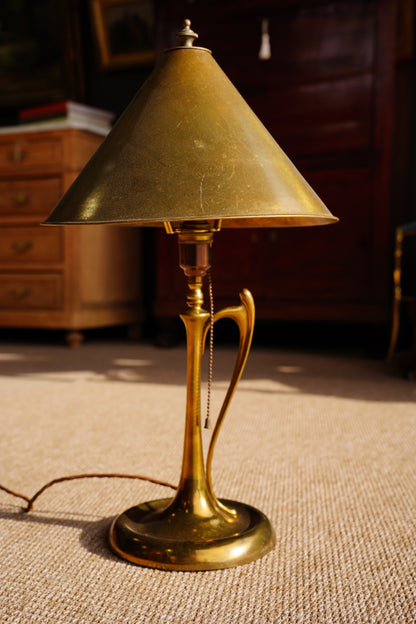 Art Nouveau Brass Table Lamp with Whiplash Handle and Brass Shade