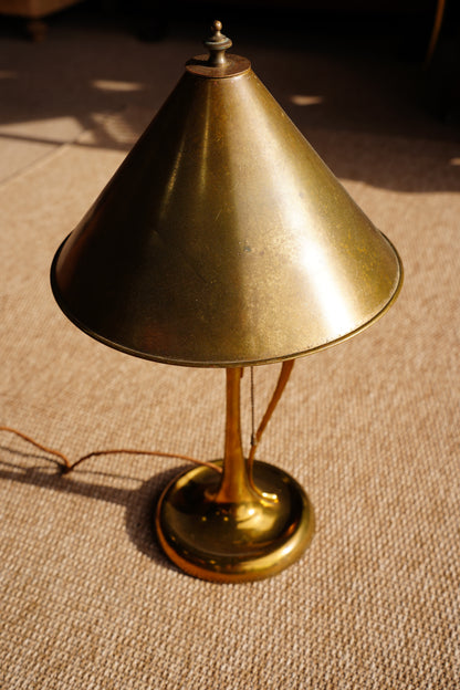 Art Nouveau Brass Table Lamp with Whiplash Handle and Brass Shade