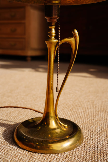 Art Nouveau Brass Table Lamp with Whiplash Handle and Brass Shade