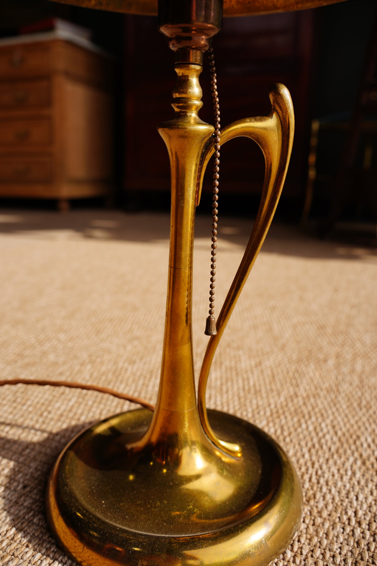 Art Nouveau Brass Table Lamp with Whiplash Handle and Brass Shade