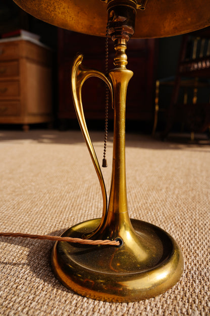 Art Nouveau Brass Table Lamp with Whiplash Handle and Brass Shade