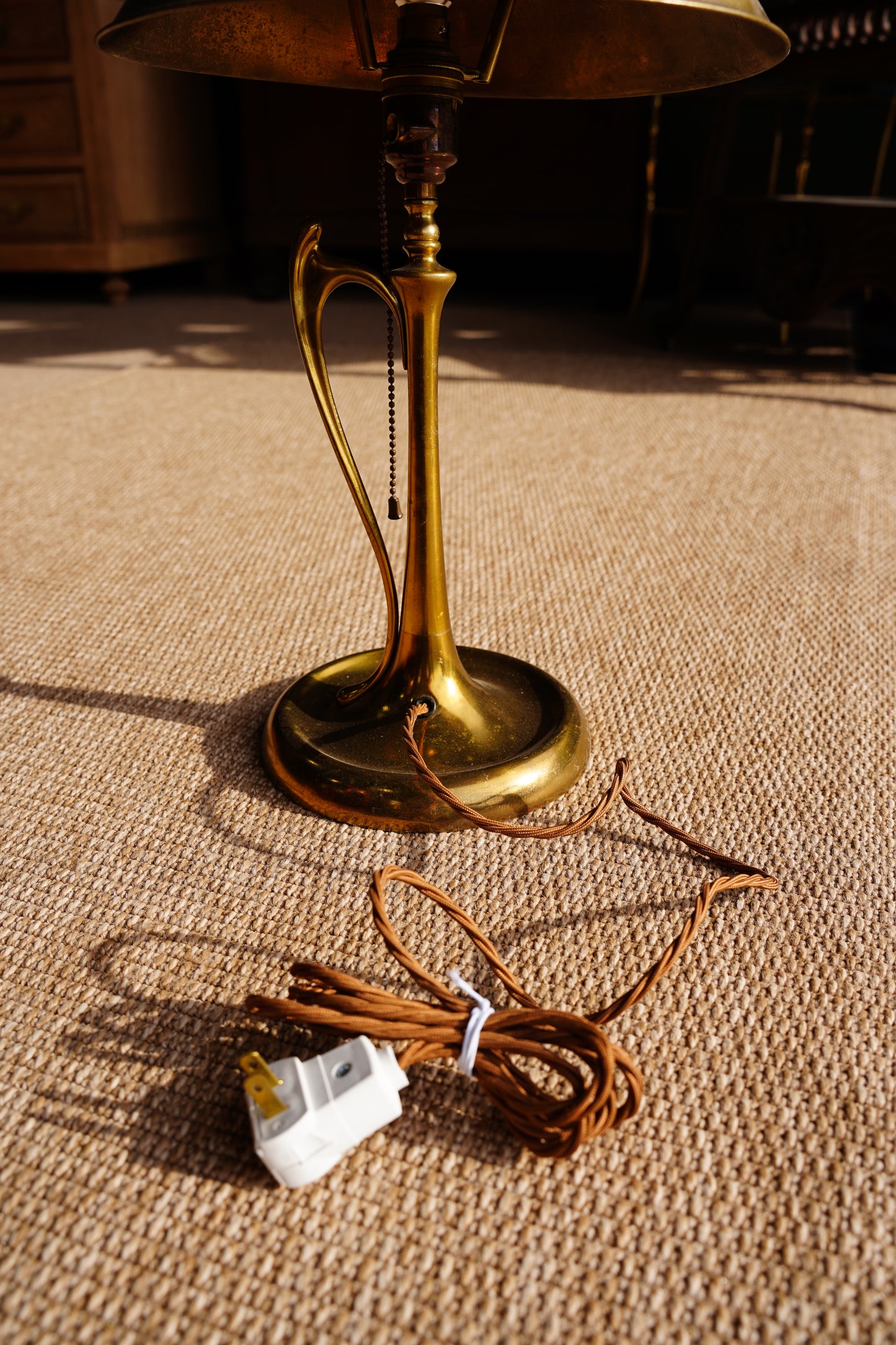 Art Nouveau Brass Table Lamp with Whiplash Handle and Brass Shade