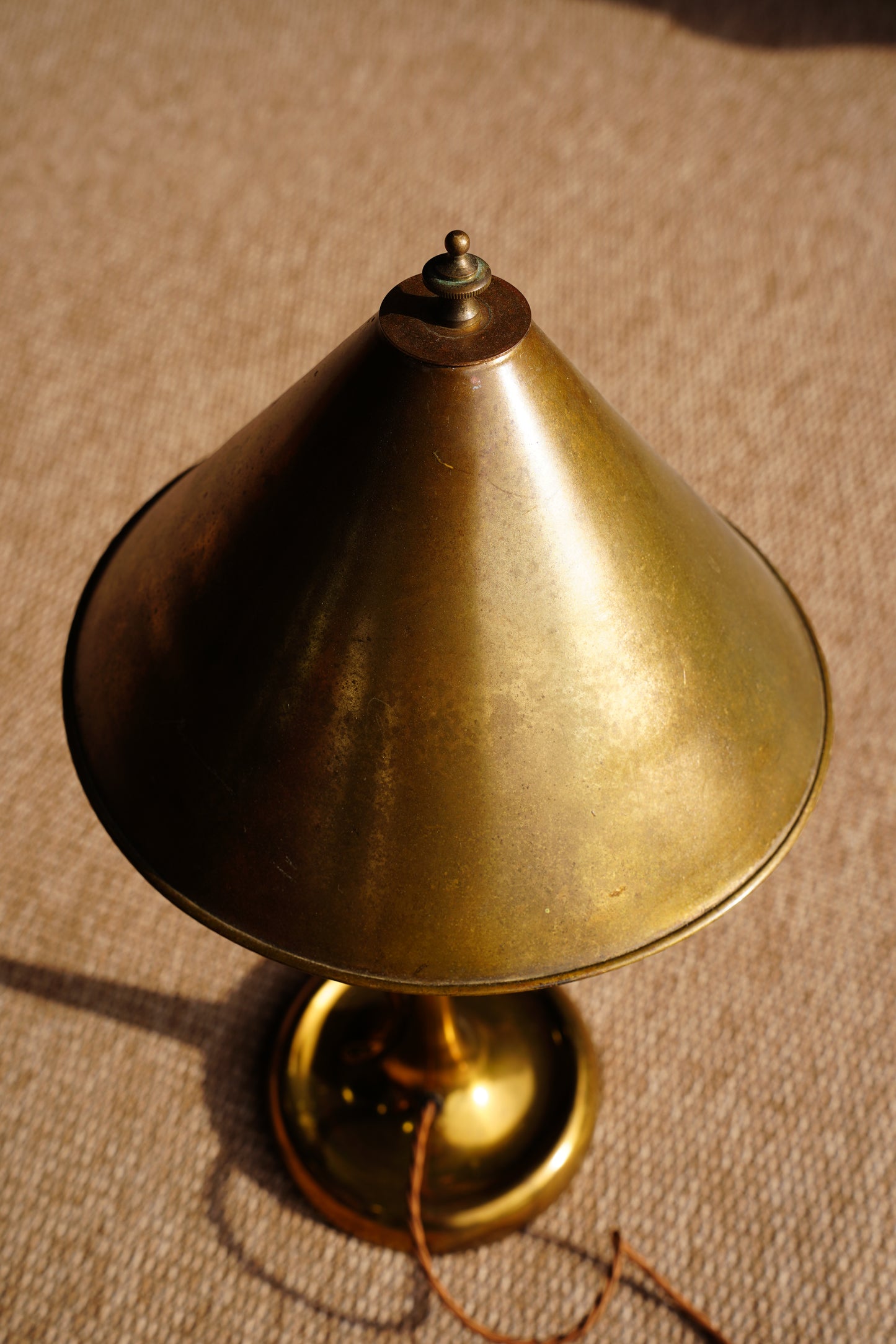 Art Nouveau Brass Table Lamp with Whiplash Handle and Brass Shade