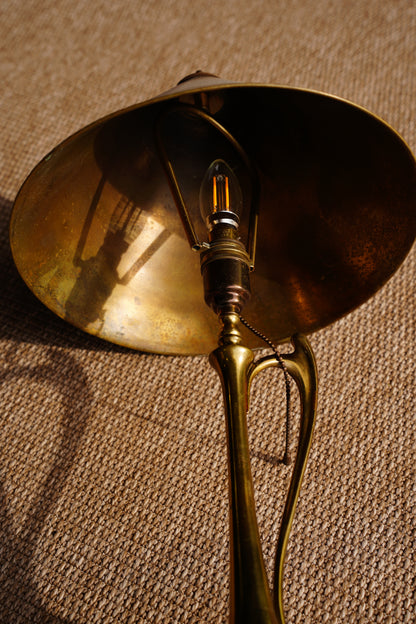 Art Nouveau Brass Table Lamp with Whiplash Handle and Brass Shade