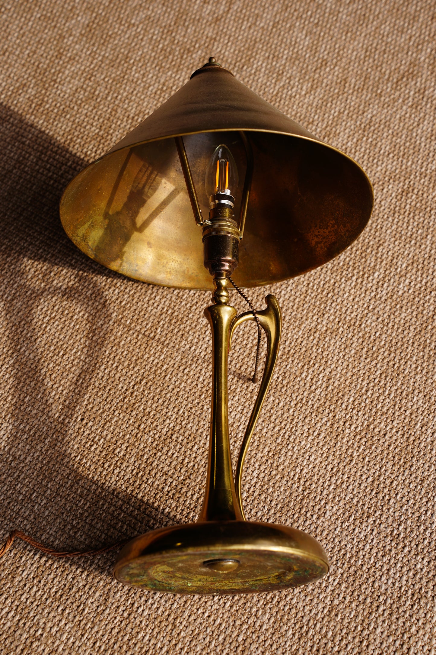 Art Nouveau Brass Table Lamp with Whiplash Handle and Brass Shade