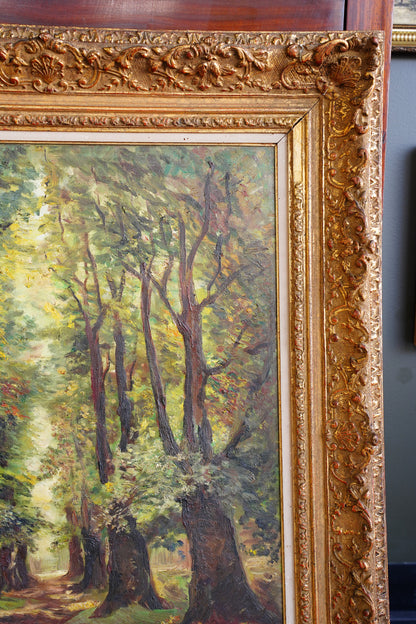 Vintage Signed Forest Path Oil Painting, Tree Lined Lane, 1949