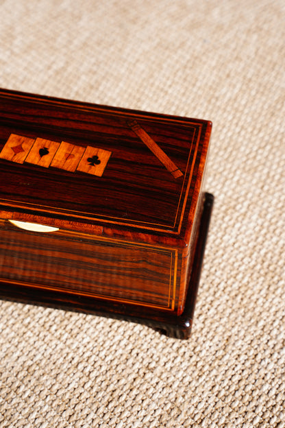 Antique Inlaid Wood Poker and Card Box with Card Suit Lid