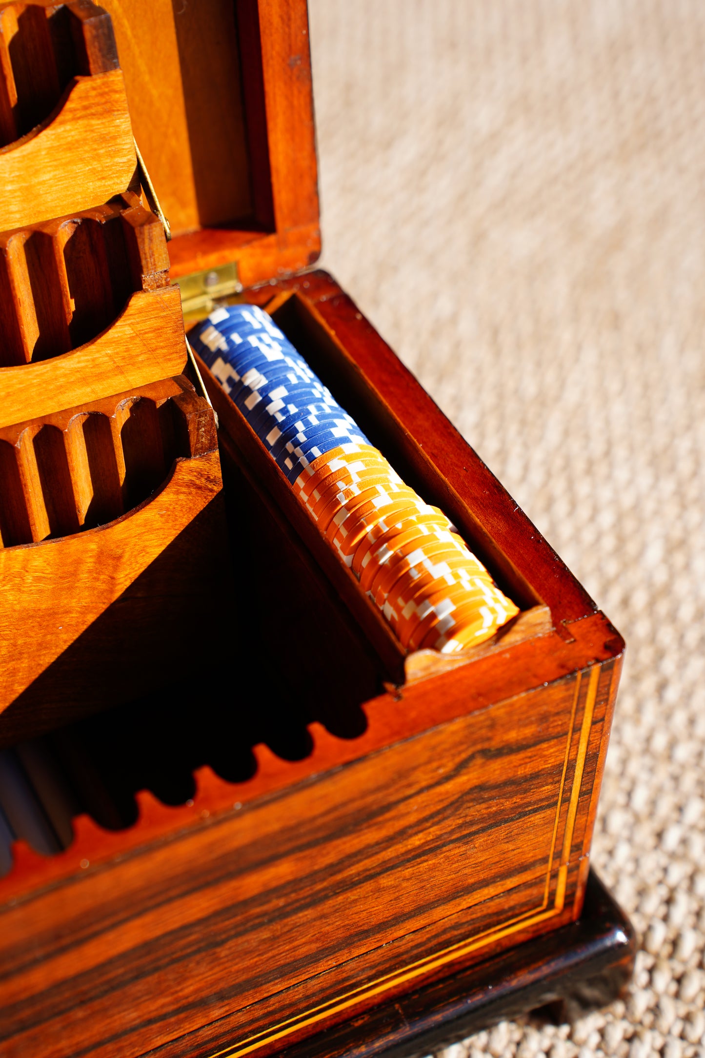 Antique Inlaid Wood Poker and Card Box with Card Suit Lid