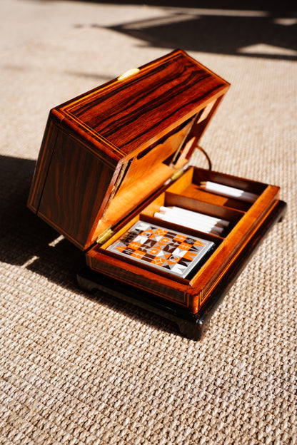 Antique Inlaid Wood Poker and Card Box with Card Suit Lid