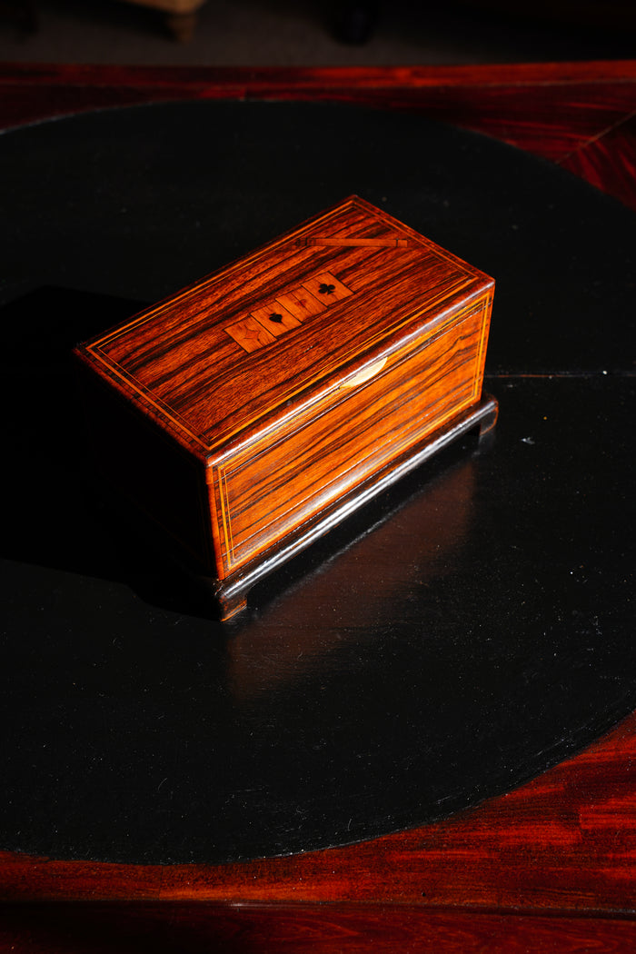 Antique Inlaid Wood Poker and Card Box with Card Suit Lid detail