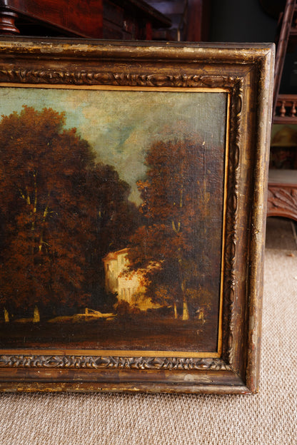 Antique French Oil Painting Autumn Woodland Landscape, Circa 1870