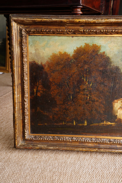 Antique French Oil Painting Autumn Woodland Landscape, Circa 1870