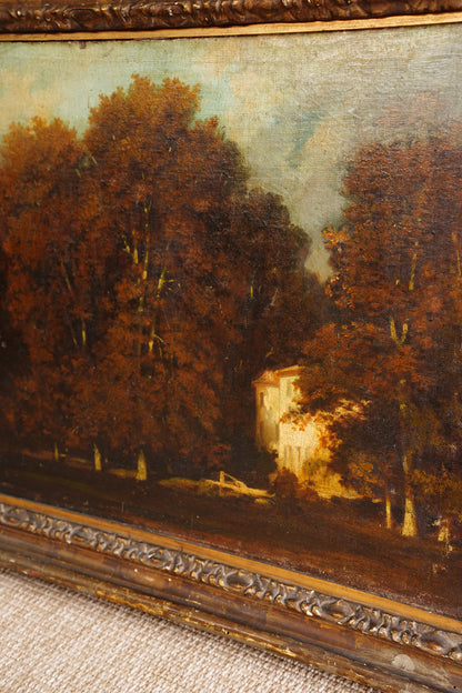 Antique French Oil Painting Autumn Woodland Landscape, Circa 1870