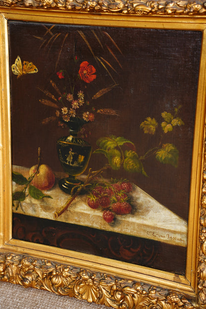 Antique Signed Dutch Still Life Oil Painting, Flowers and Fruit