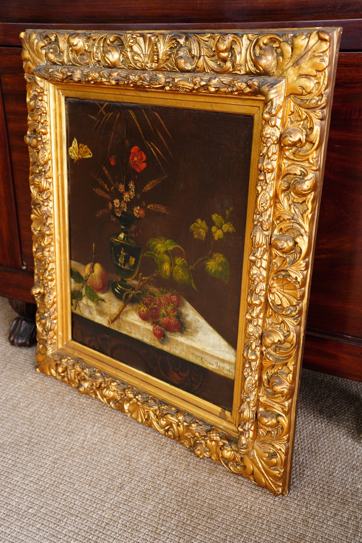 Antique Signed Dutch Still Life Oil Painting, Flowers and Fruit
