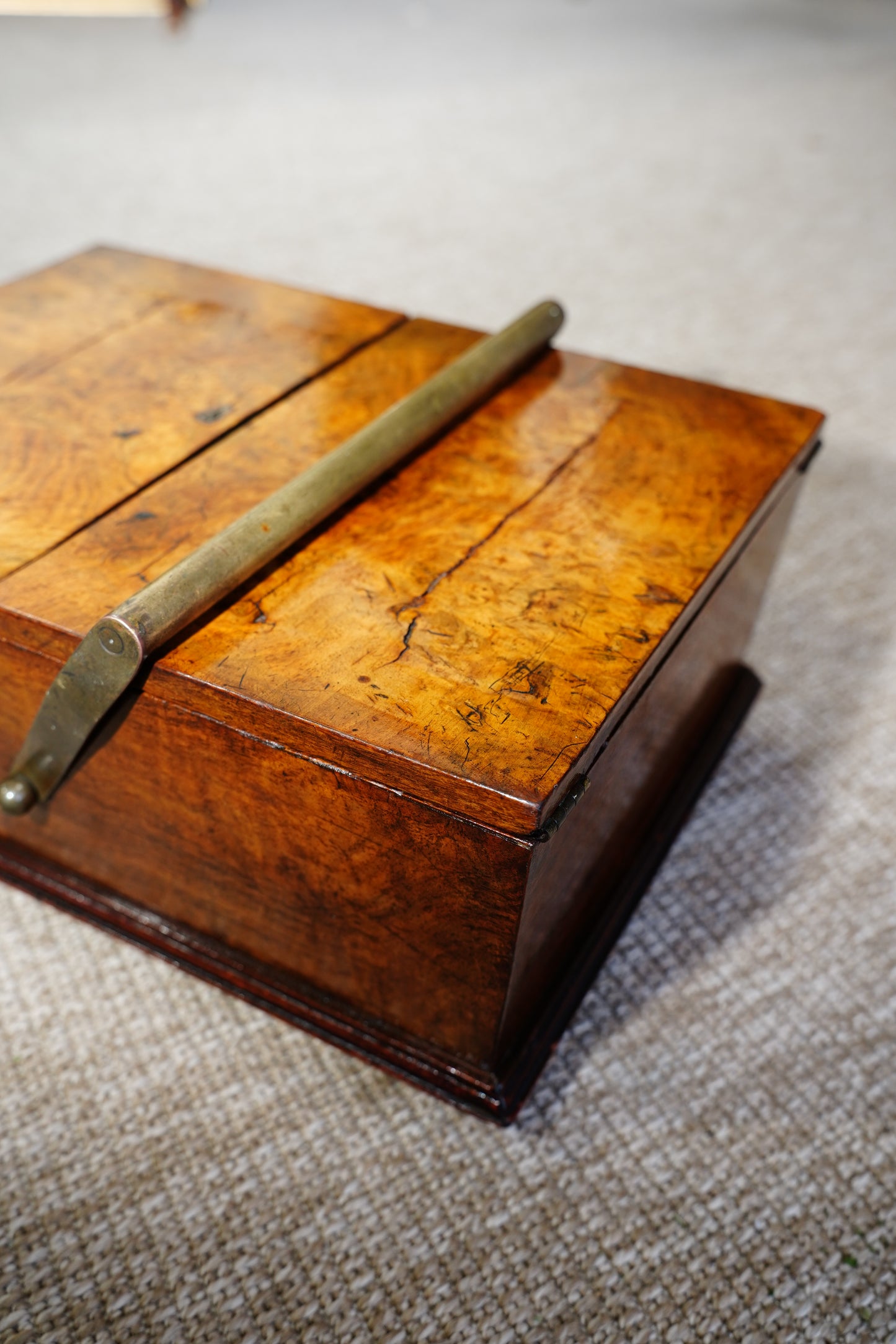 Antique Victorian Burr Walnut Box with Brass Handle, Circa 1860
