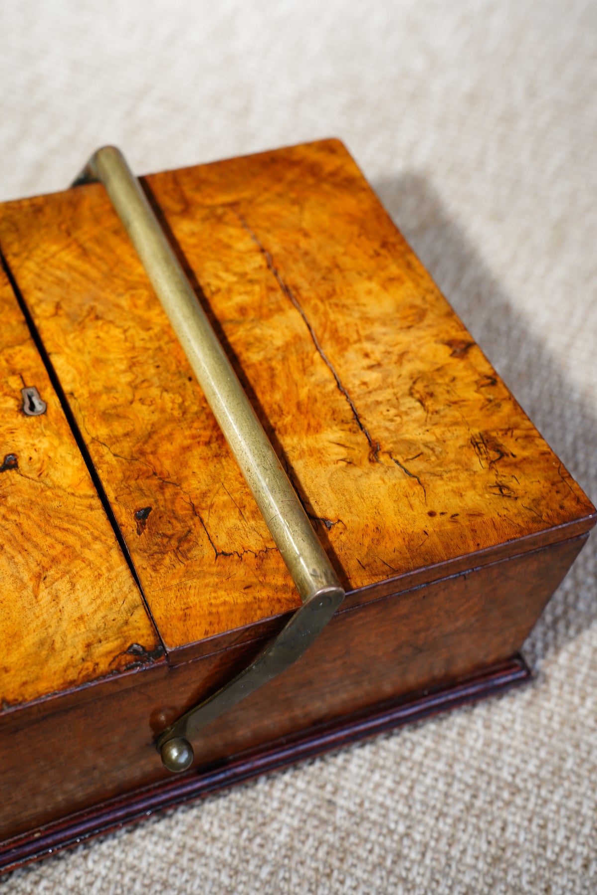 Antique Victorian Burr Walnut Box with Brass Handle, Circa 1860