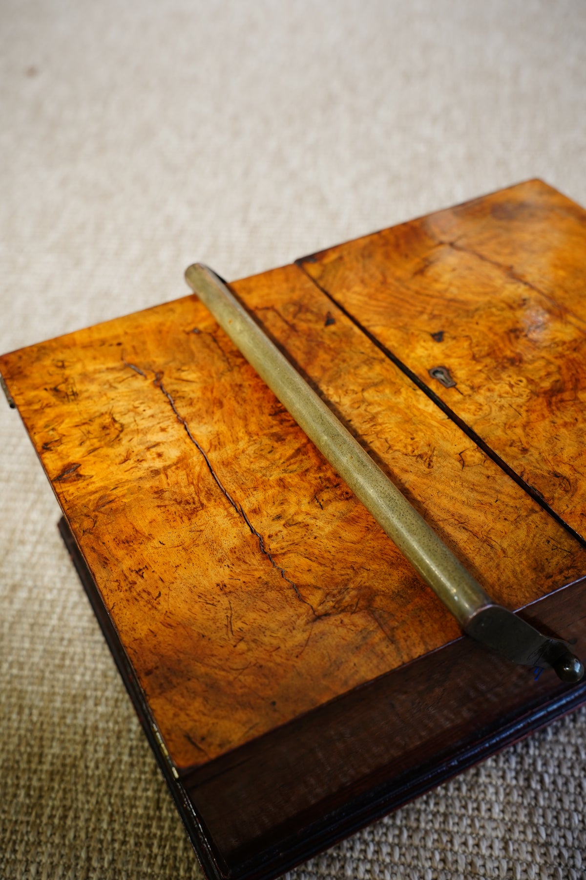 Antique Victorian Burr Walnut Box with Brass Handle, Circa 1860