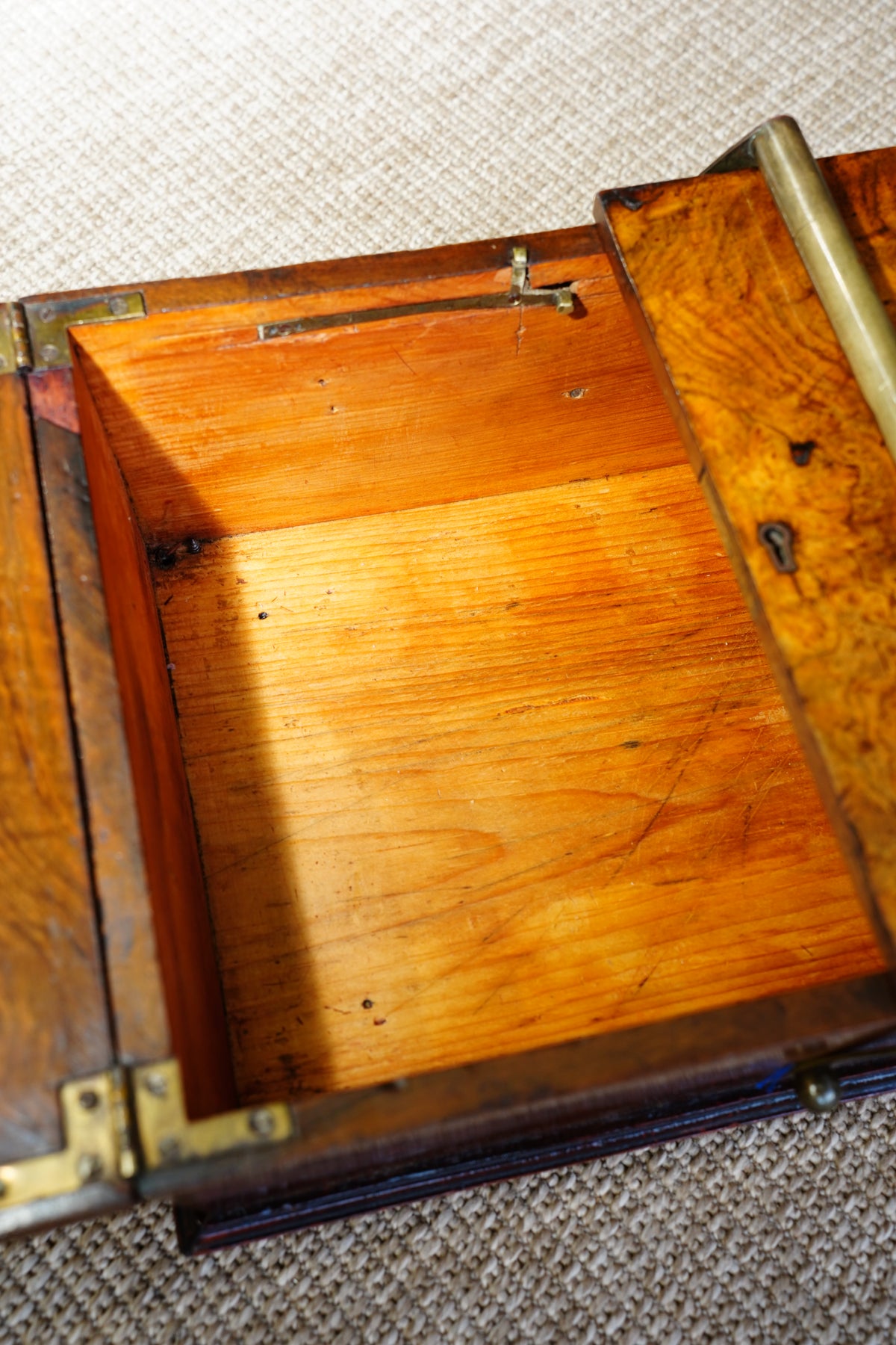 Antique Victorian Burr Walnut Box with Brass Handle, Circa 1860