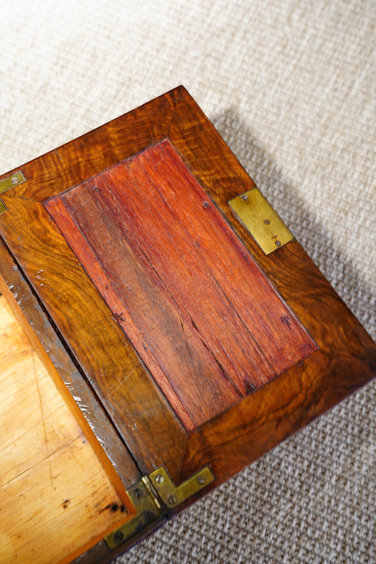 Antique Victorian Burr Walnut Box with Brass Handle, Circa 1860