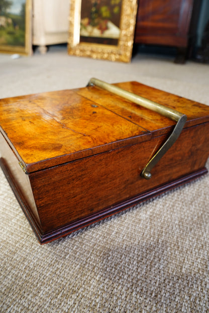 Antique Victorian Burr Walnut Box with Brass Handle, Circa 1860