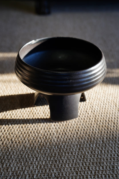 Vintage Mid-Century Matte Black Compote Bowl, Tripod Base
