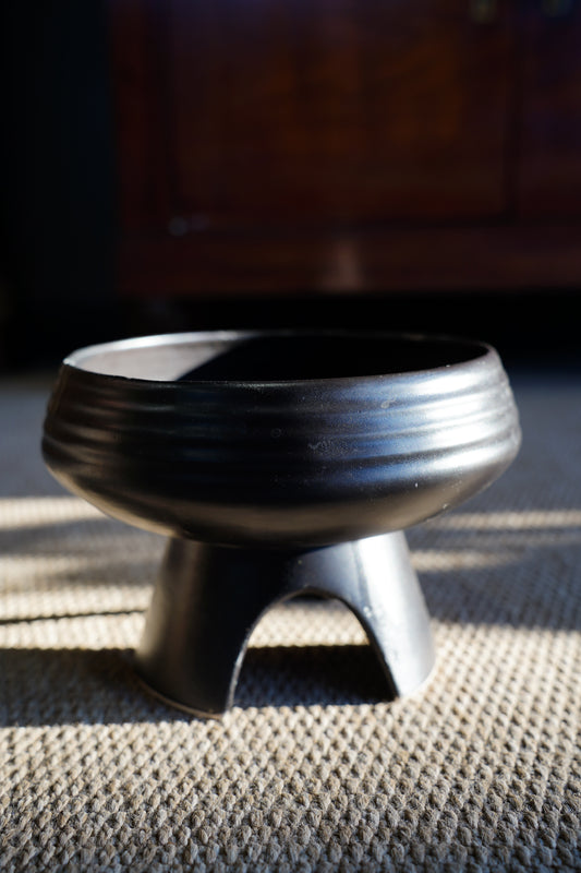 Vintage Mid-Century Matte Black Compote Bowl, Tripod Base