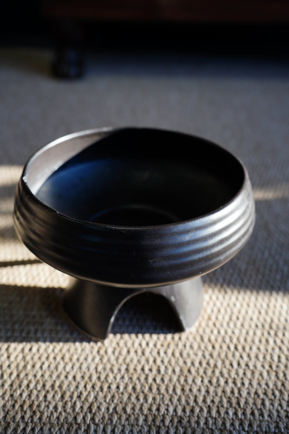 Vintage Mid-Century Matte Black Compote Bowl, Tripod Base