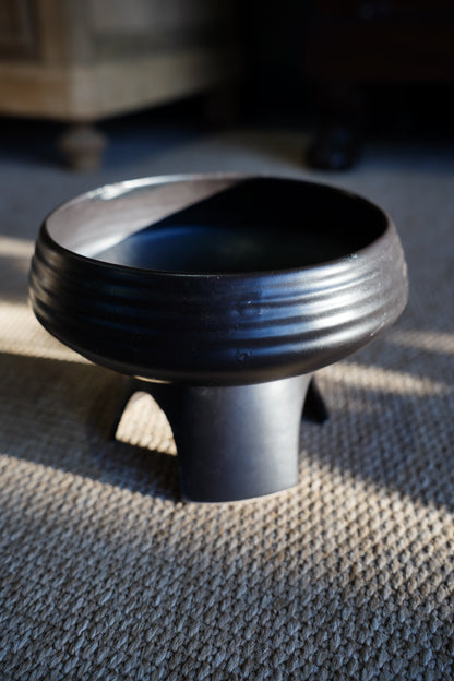 Vintage Mid-Century Matte Black Compote Bowl, Tripod Base