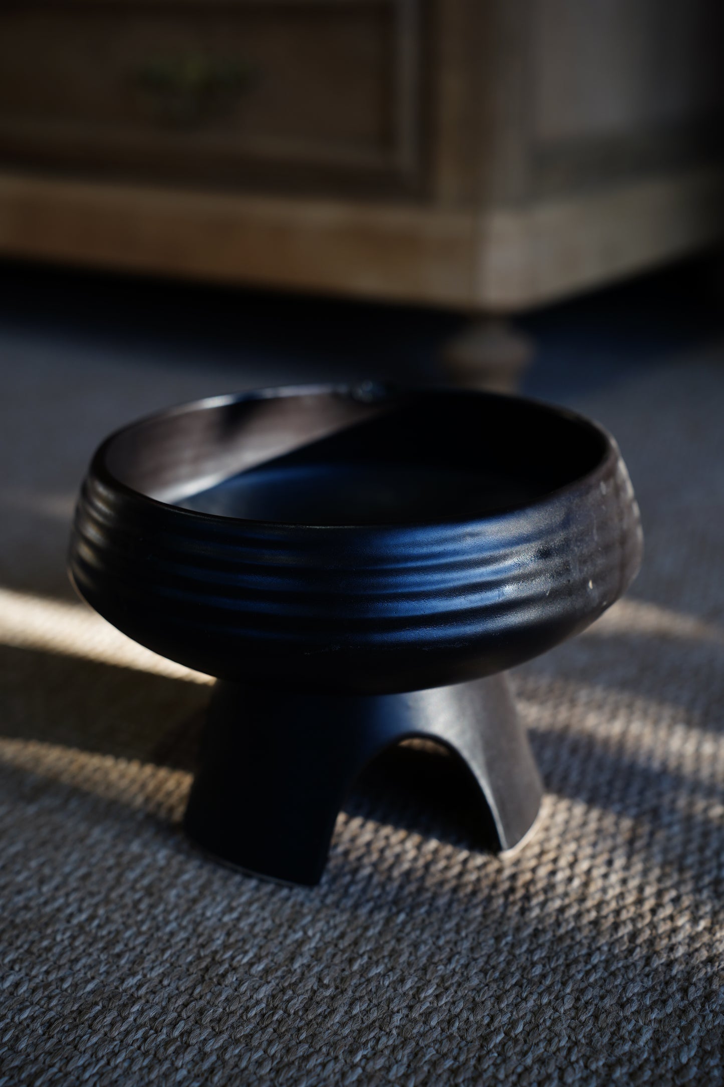 Vintage Mid-Century Matte Black Compote Bowl, Tripod Base