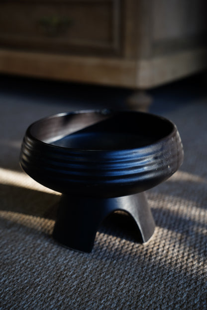 Vintage Mid-Century Matte Black Compote Bowl, Tripod Base