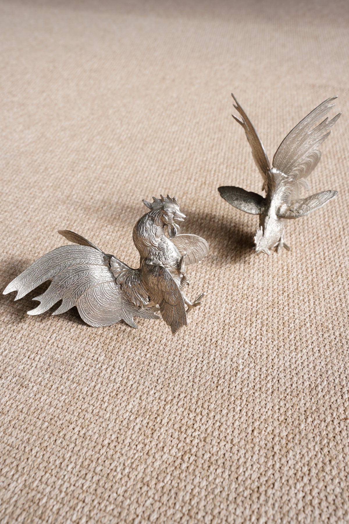 Pair of Vintage Silver Plate Fighting Roosters