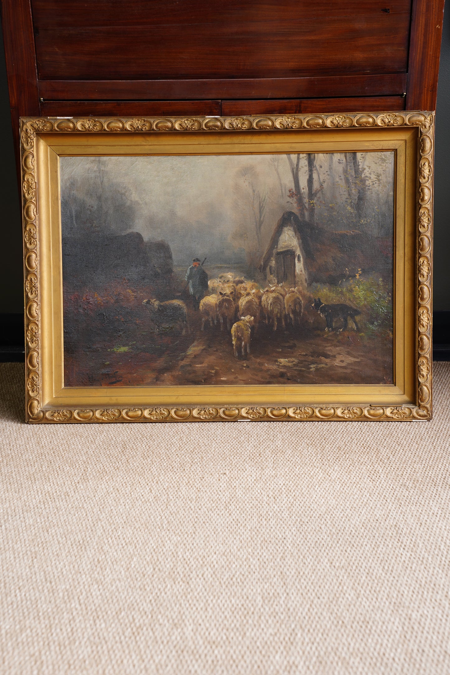 Antique Signed Sheep Oil Painting, Shepherd and Flock