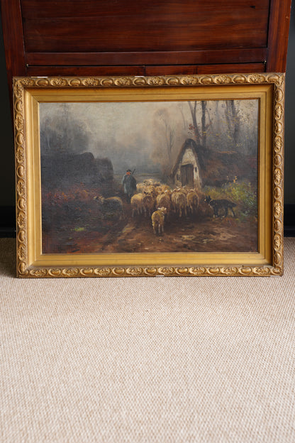 Antique Signed Sheep Oil Painting, Shepherd and Flock