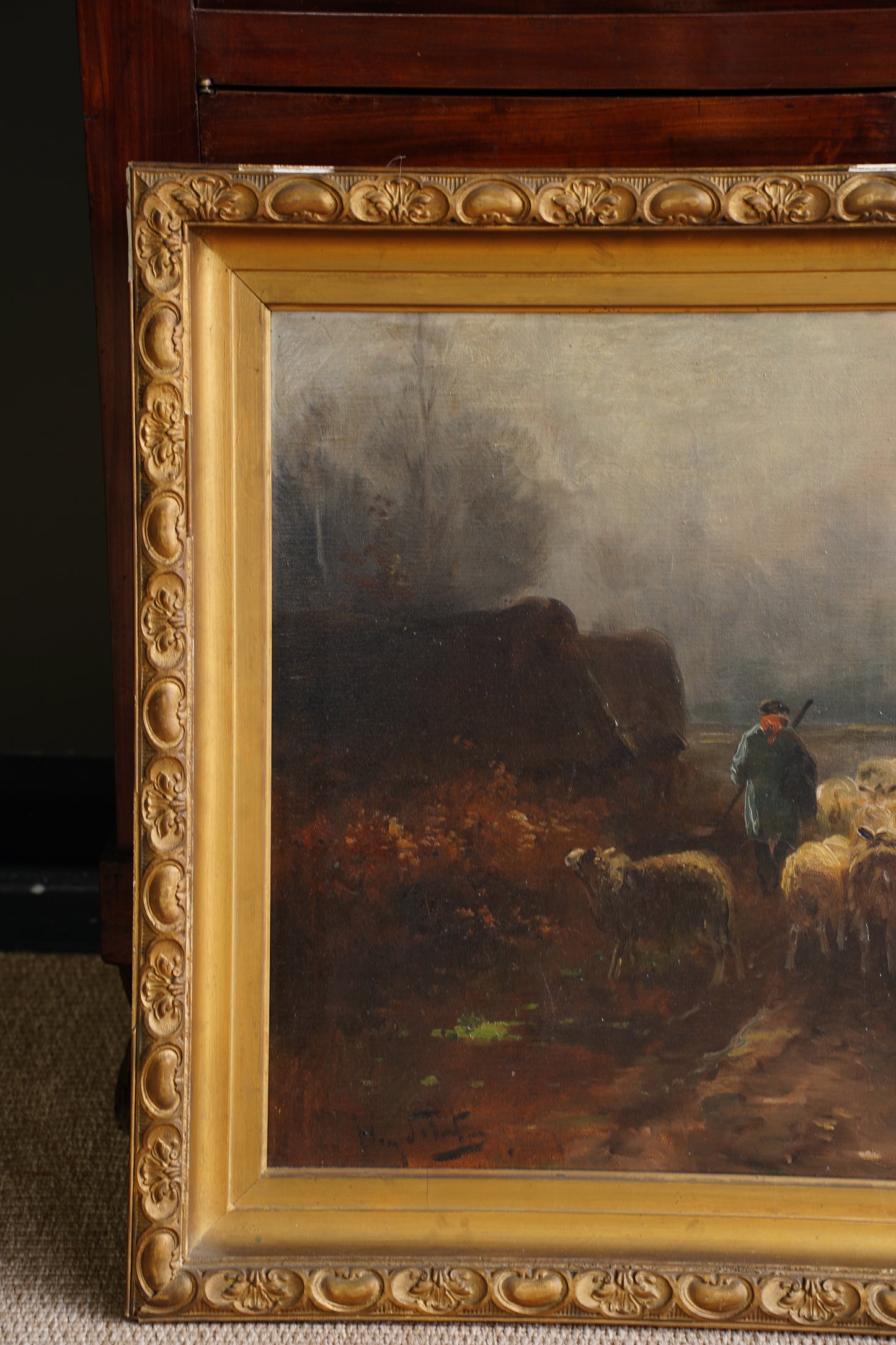 Antique Signed Sheep Oil Painting, Shepherd and Flock