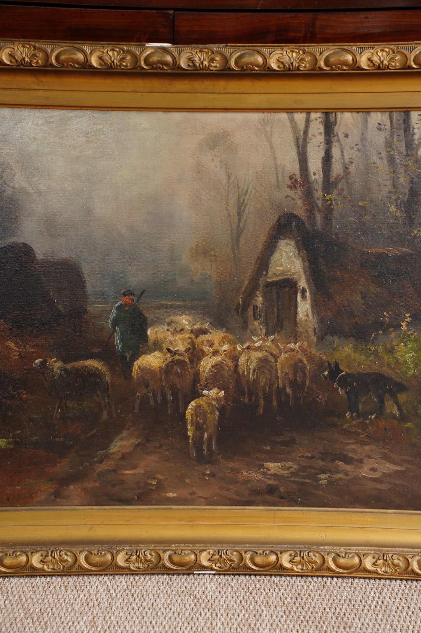 Antique Signed Sheep Oil Painting, Shepherd and Flock