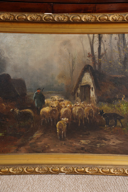 Antique Signed Sheep Oil Painting, Shepherd and Flock