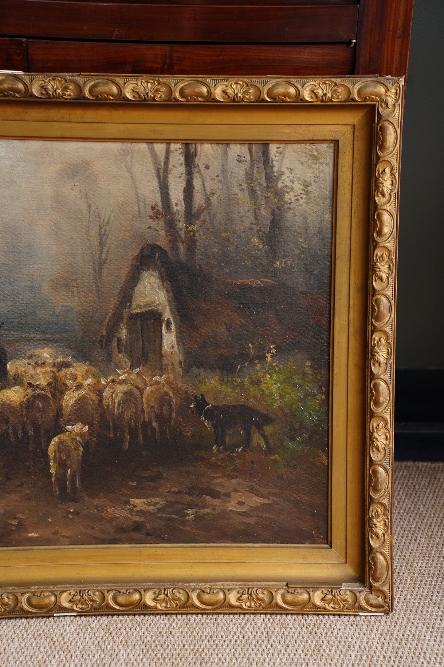 Antique Signed Sheep Oil Painting, Shepherd and Flock