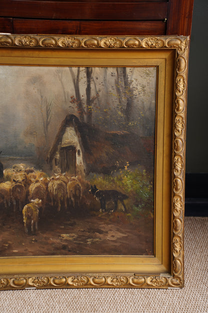 Antique Signed Sheep Oil Painting, Shepherd and Flock