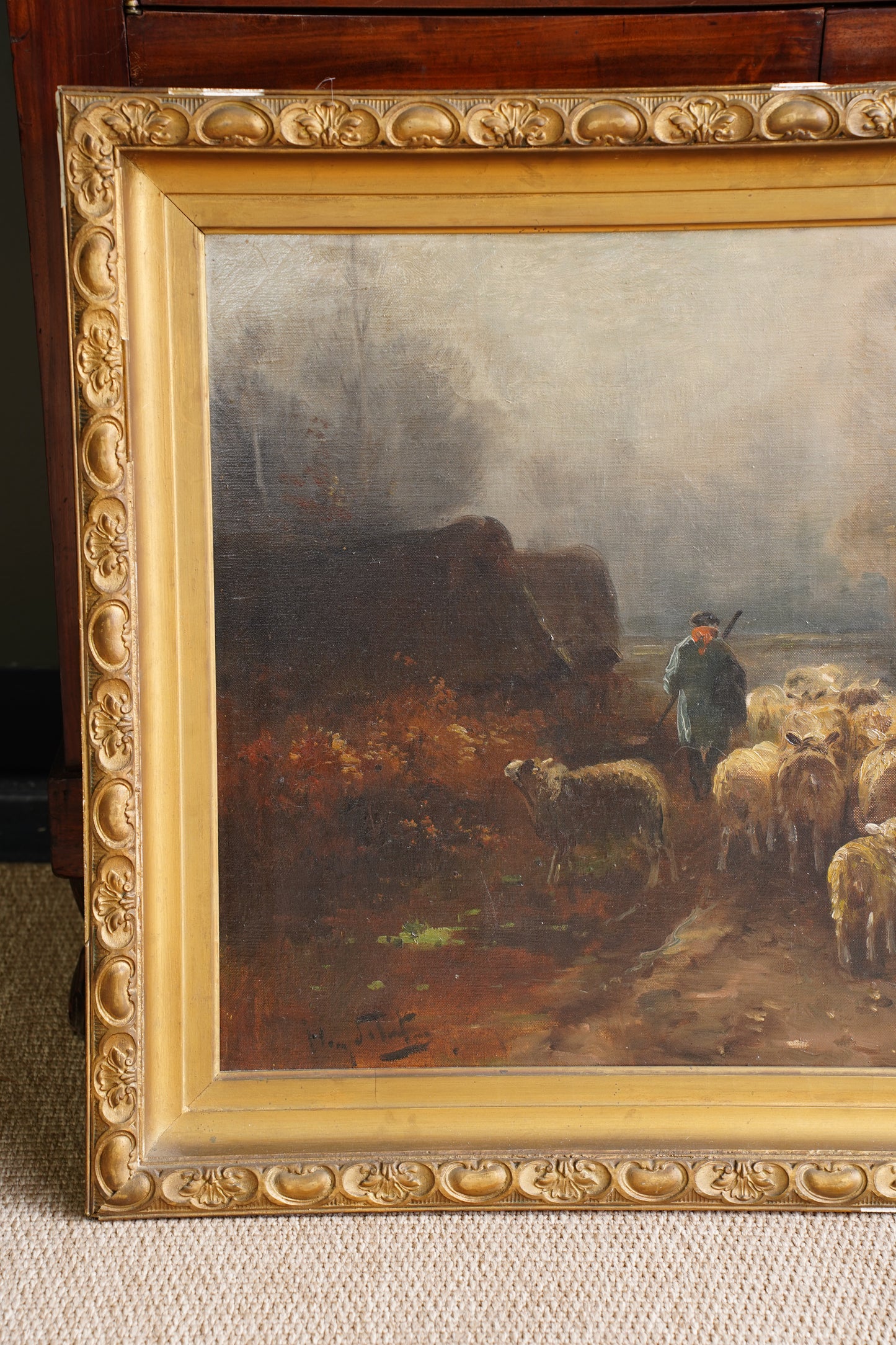 Antique Signed Sheep Oil Painting, Shepherd and Flock
