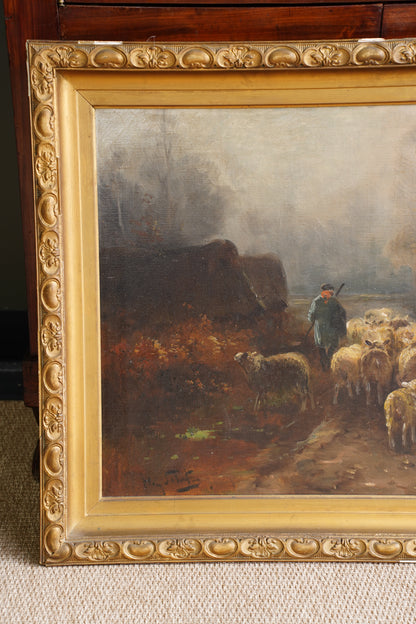 Antique Signed Sheep Oil Painting, Shepherd and Flock