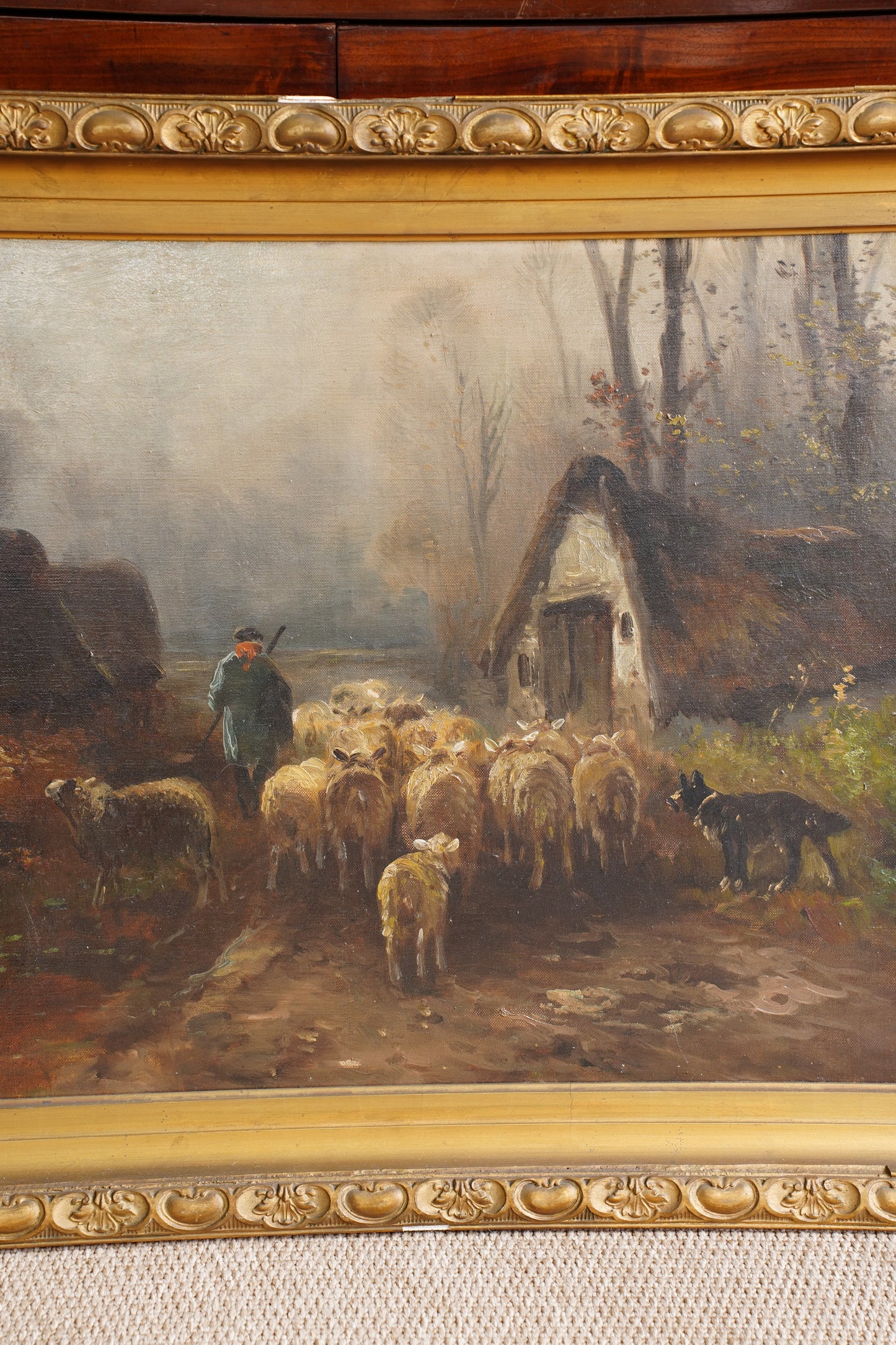 Antique Signed Sheep Oil Painting, Shepherd and Flock