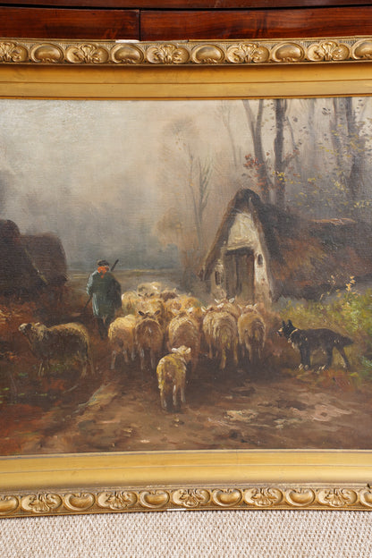 Antique Signed Sheep Oil Painting, Shepherd and Flock