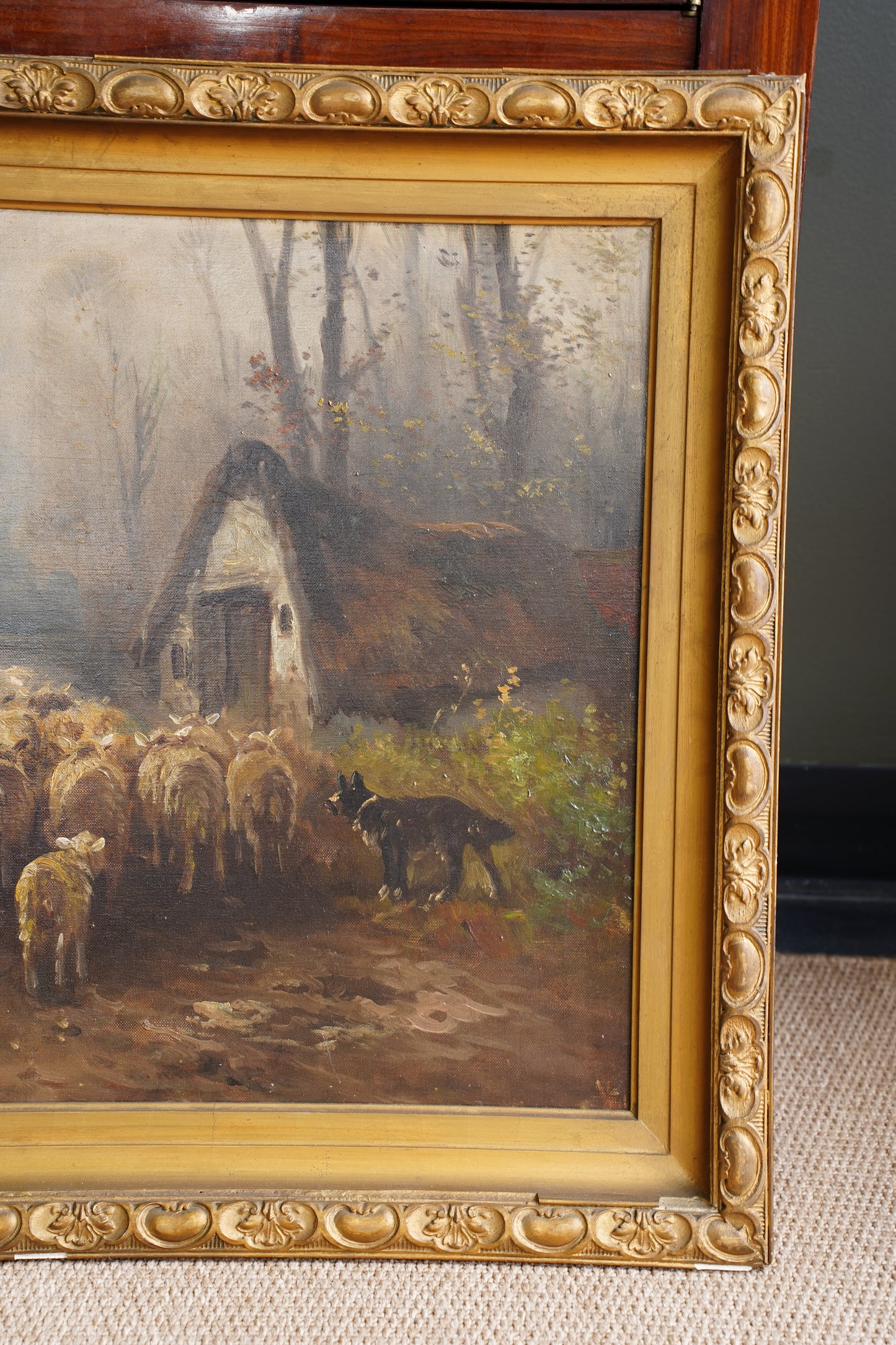 Antique Signed Sheep Oil Painting, Shepherd and Flock