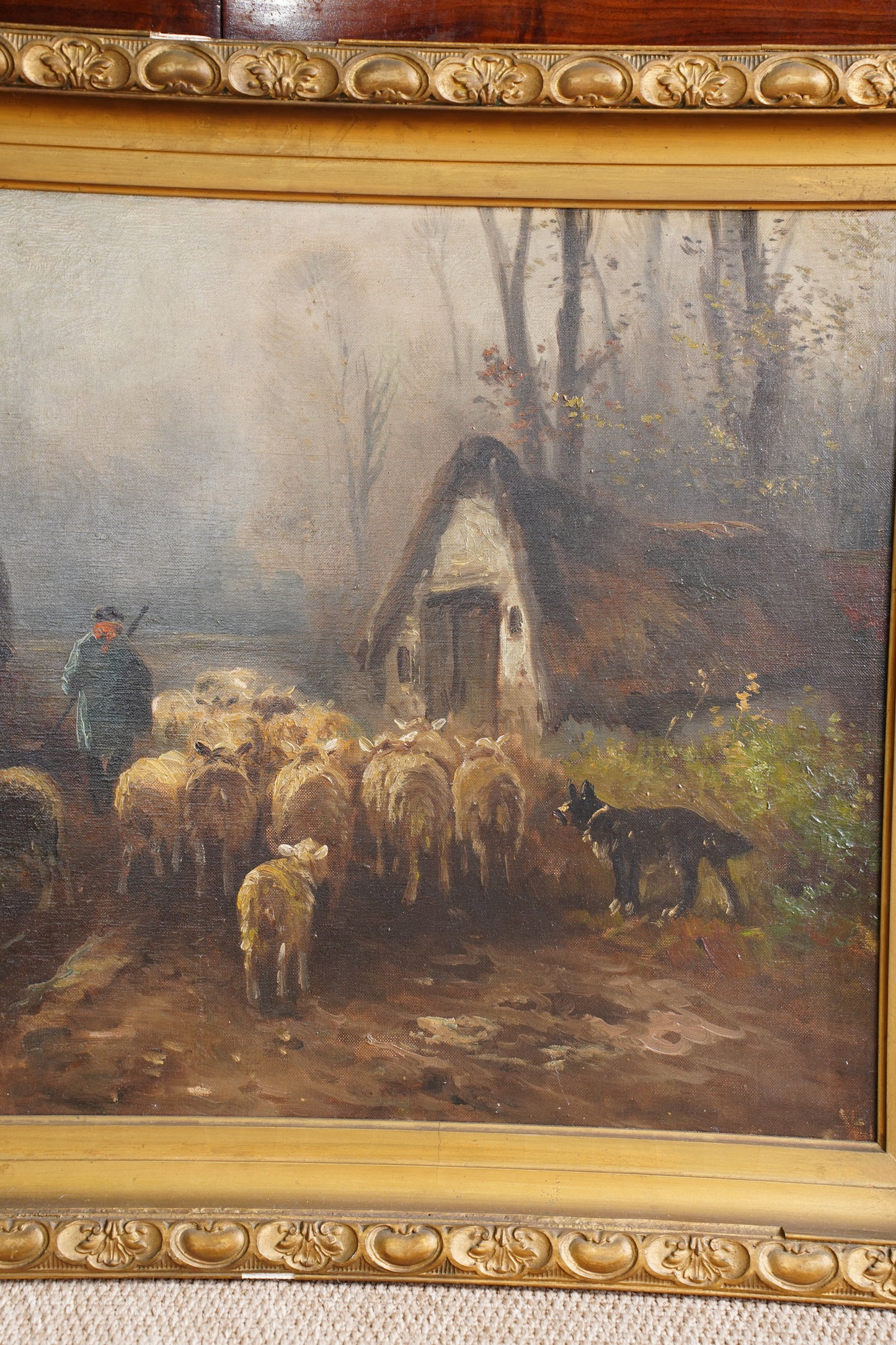 Antique Signed Sheep Oil Painting, Shepherd and Flock